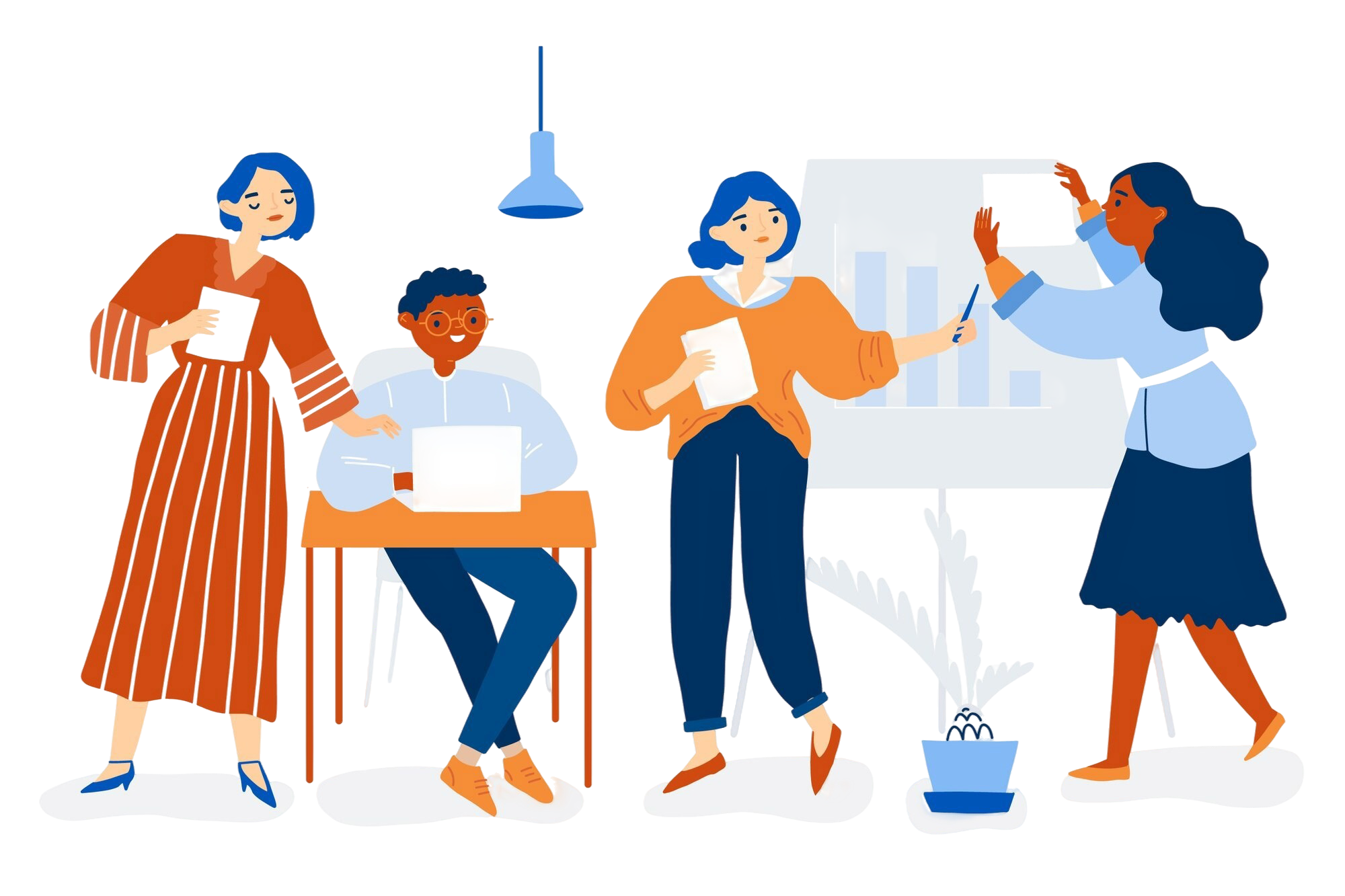 A diverse team collaborating in a bright, modern office