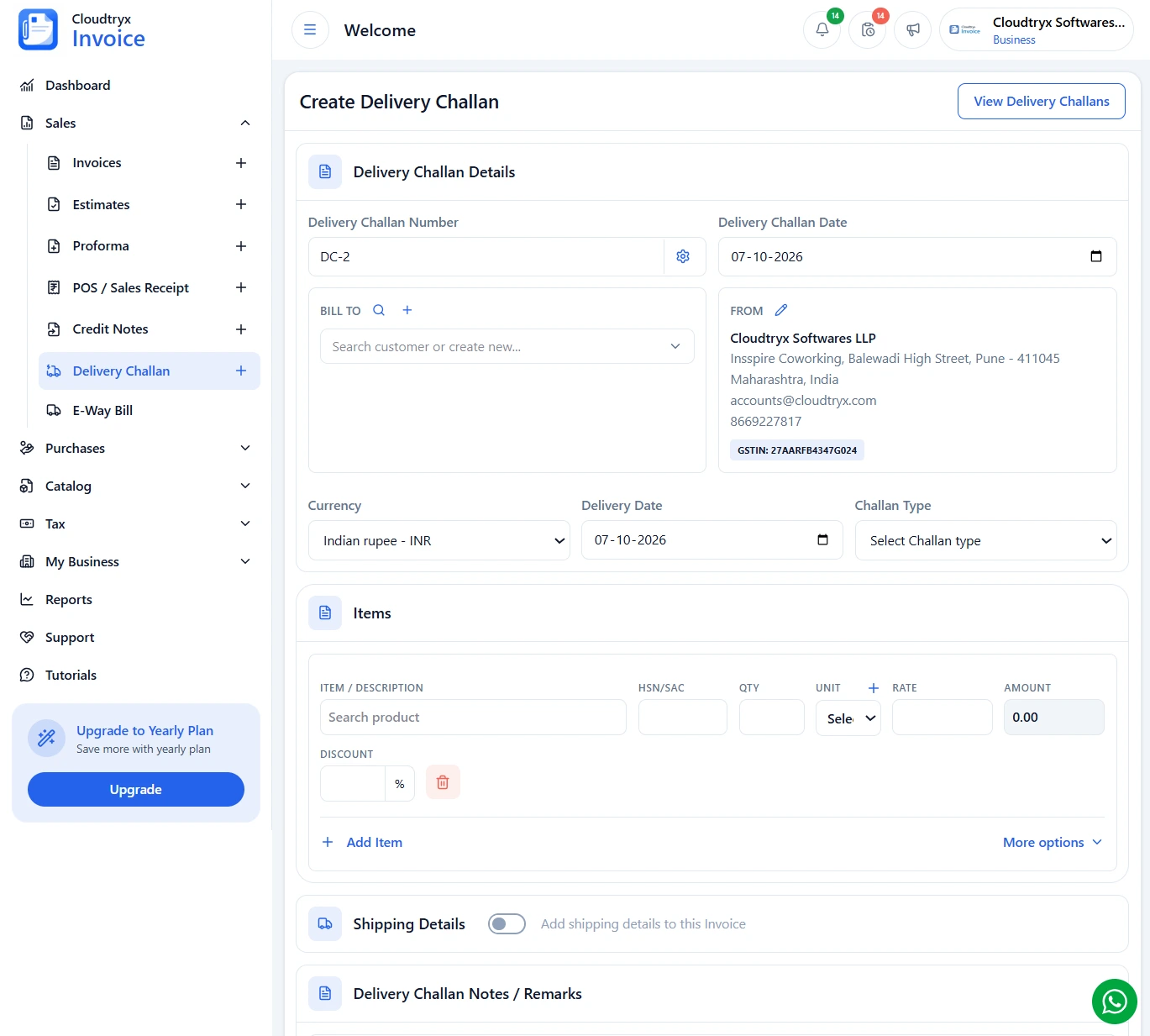 Tax invoice creation screen in Cloudtryx Invoice with business logo, currency, timezone and automatic tax calculation