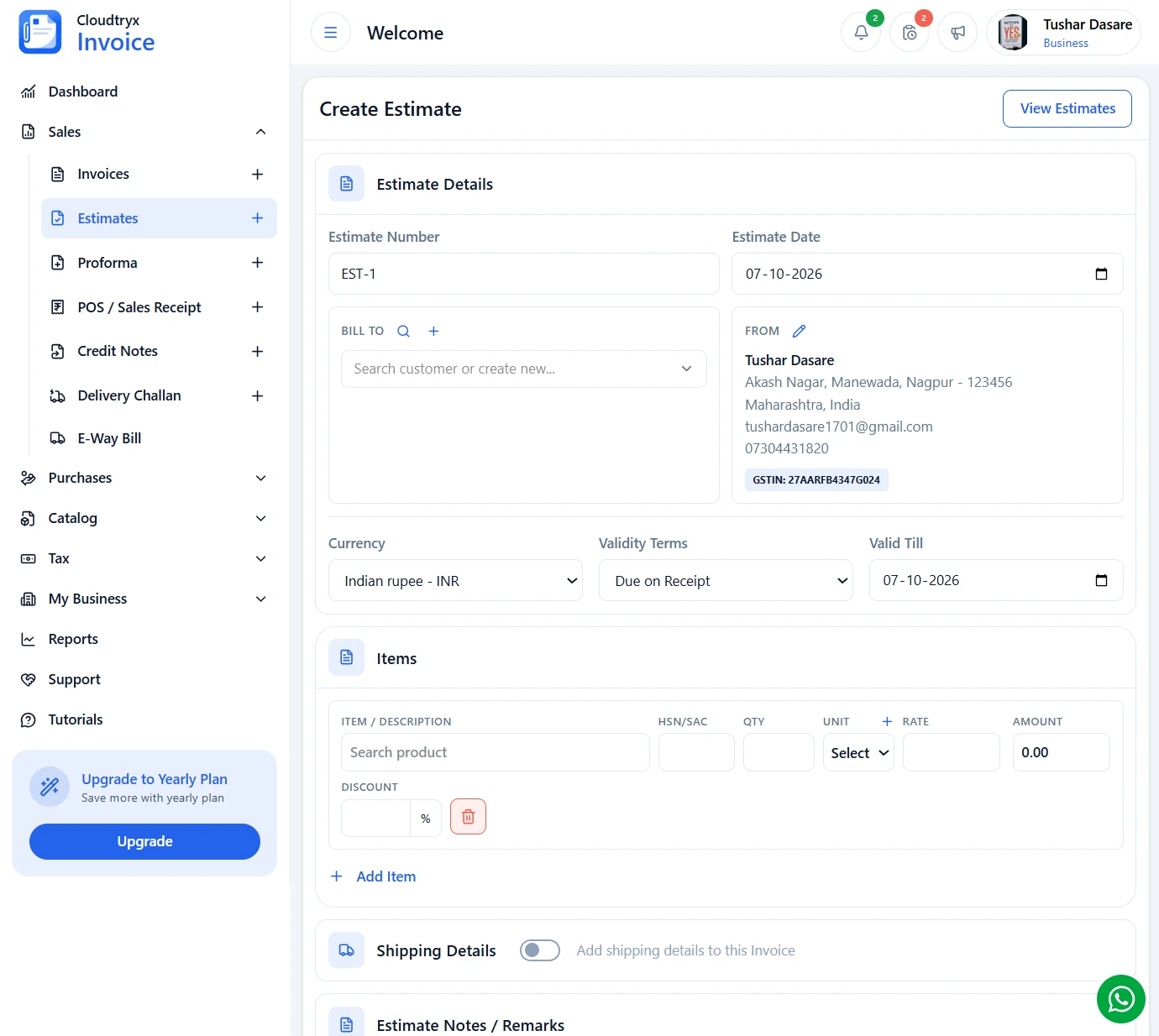 Estimates screen in Invoice software for creating quotes and converting approved estimates into invoices