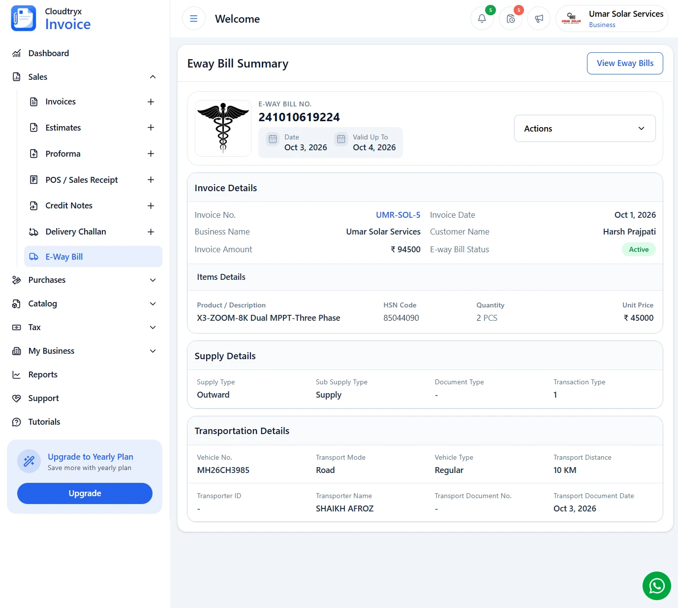 Tax invoice creation screen in Cloudtryx Invoice with business logo, currency, timezone and automatic tax calculation
