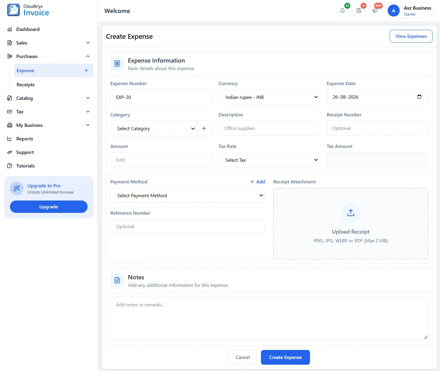 Expense tracking screen in Cloudtryx Invoice showing business expenses grouped by category