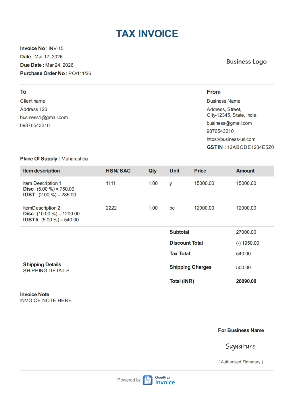 Sample invoice template by cloudtryx invoice