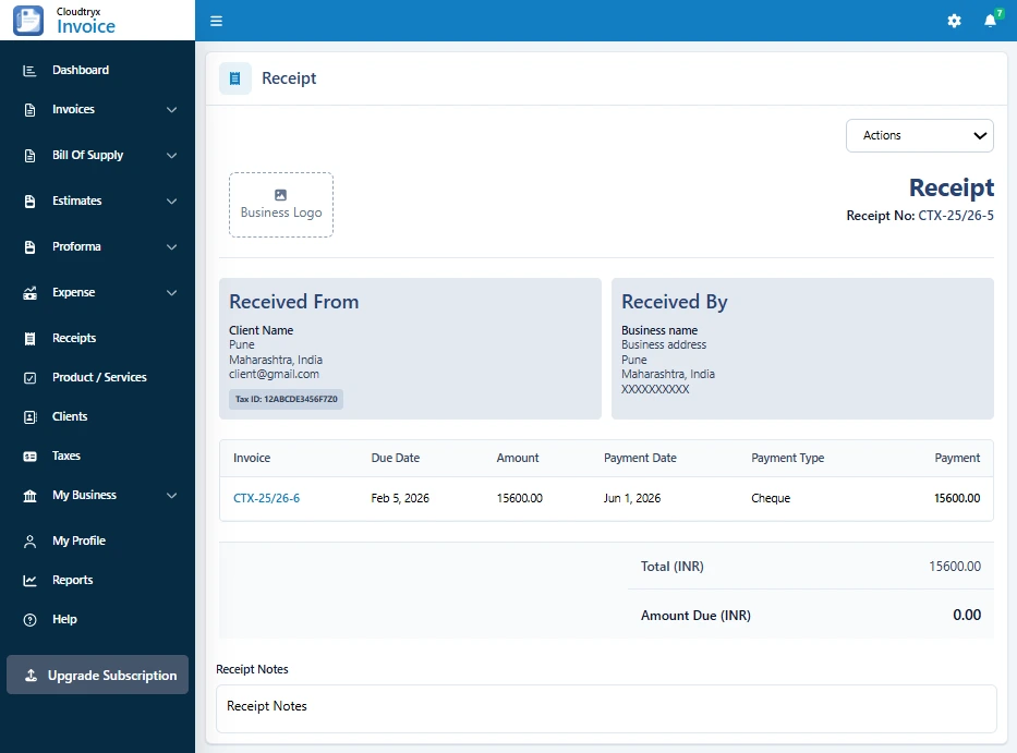 Cloudtryx Invoice Receipts
