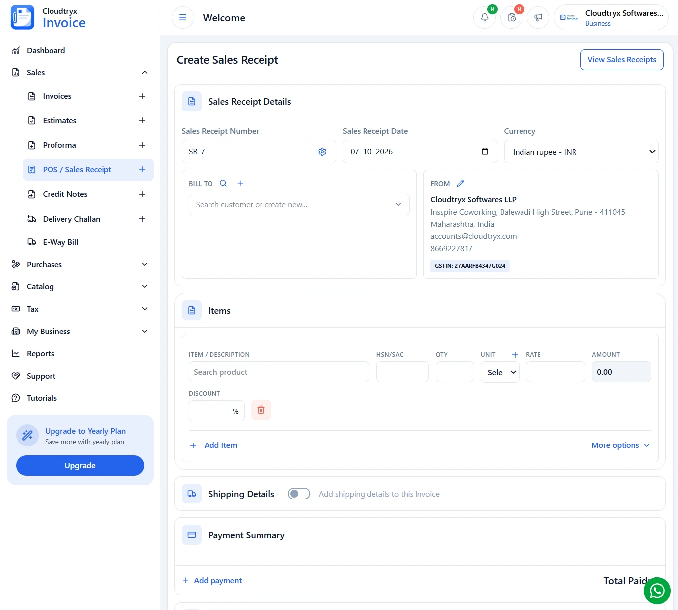 Tax invoice creation screen in Cloudtryx Invoice with business logo, currency, timezone and automatic tax calculation