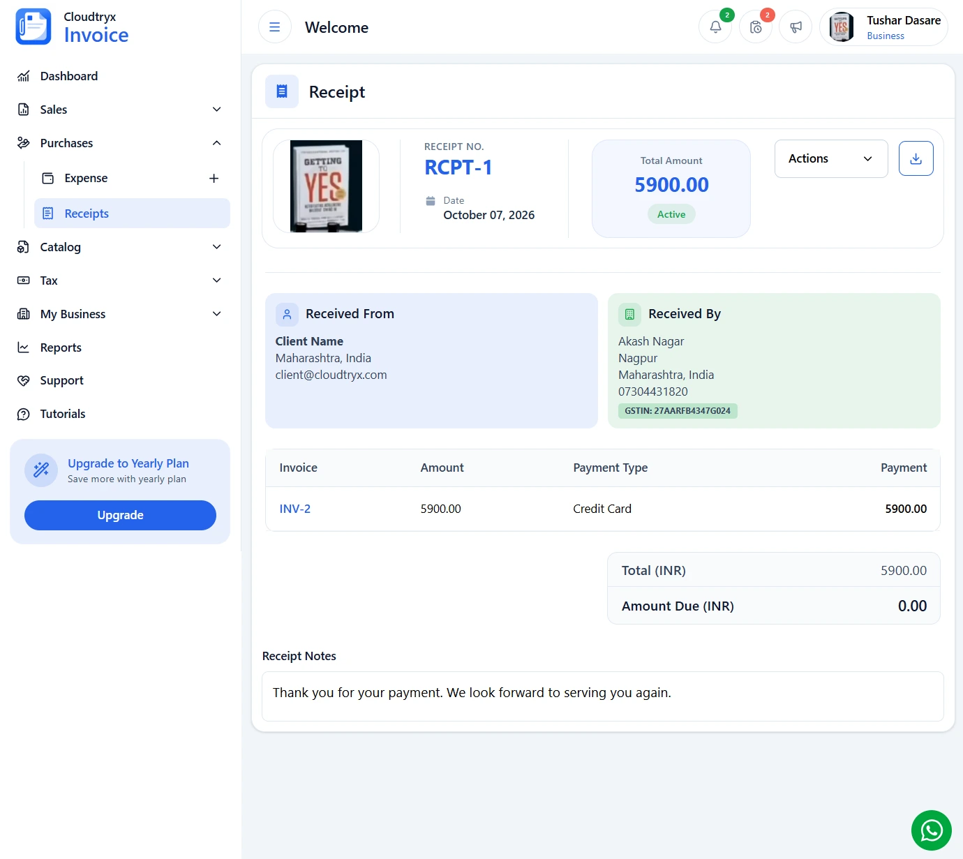 Payment receipt screen in Cloudtryx Invoice, ready to print, download or email to the client