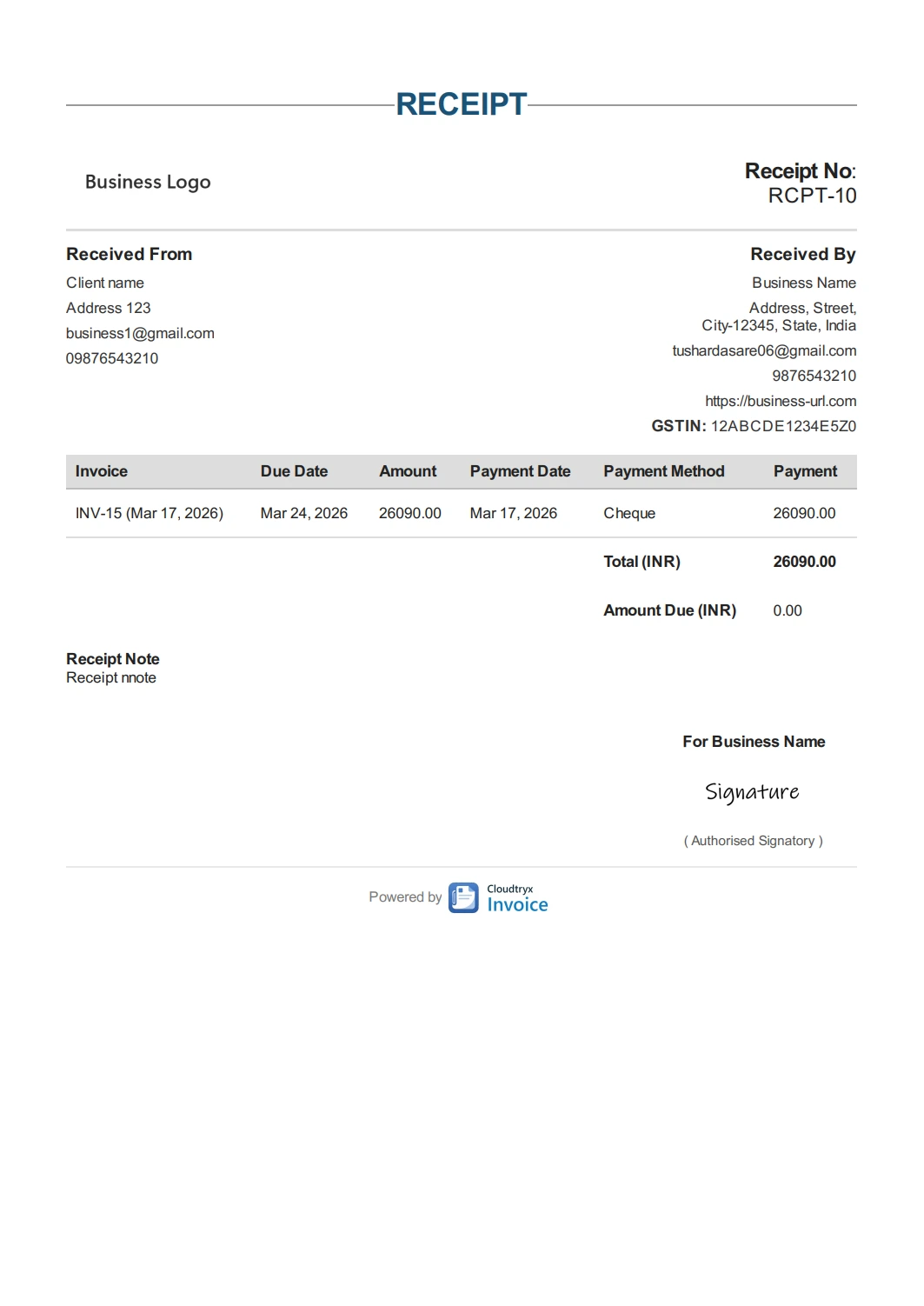 Sample receipt template by cloudtryx invoice
